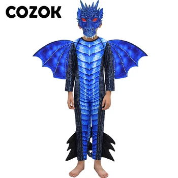 COZOK Dragon Cosplay Kostým s Maskou Modrá Chlapec a Dievča Deti Halloween Dekorácie Karneval Party Animal Kostým Dragon Kombinézu